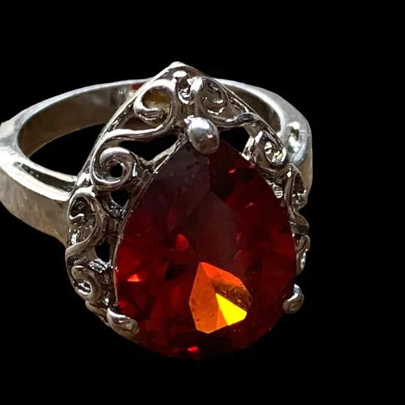Garnet Amber Red Cz Silver Pear Shape Dinner Cocktail Ring Women’s Jewelry - Picture 6 of 12